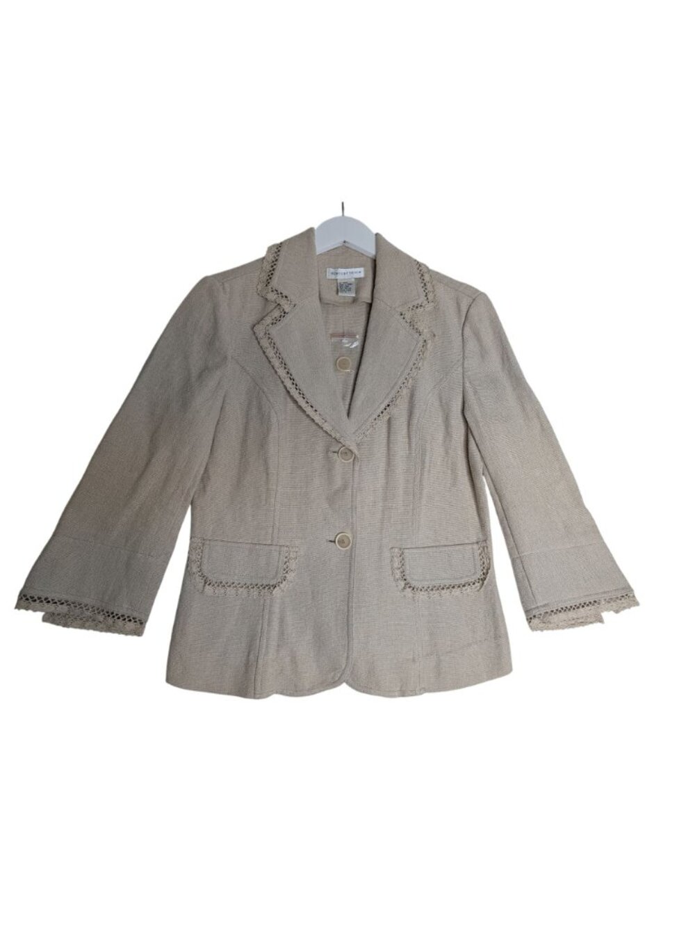 New Beige Linen Cotton Blend Lace Trim Blazer Jacket 3/4 Sleeves Newport News Si - Picture 12 of 13